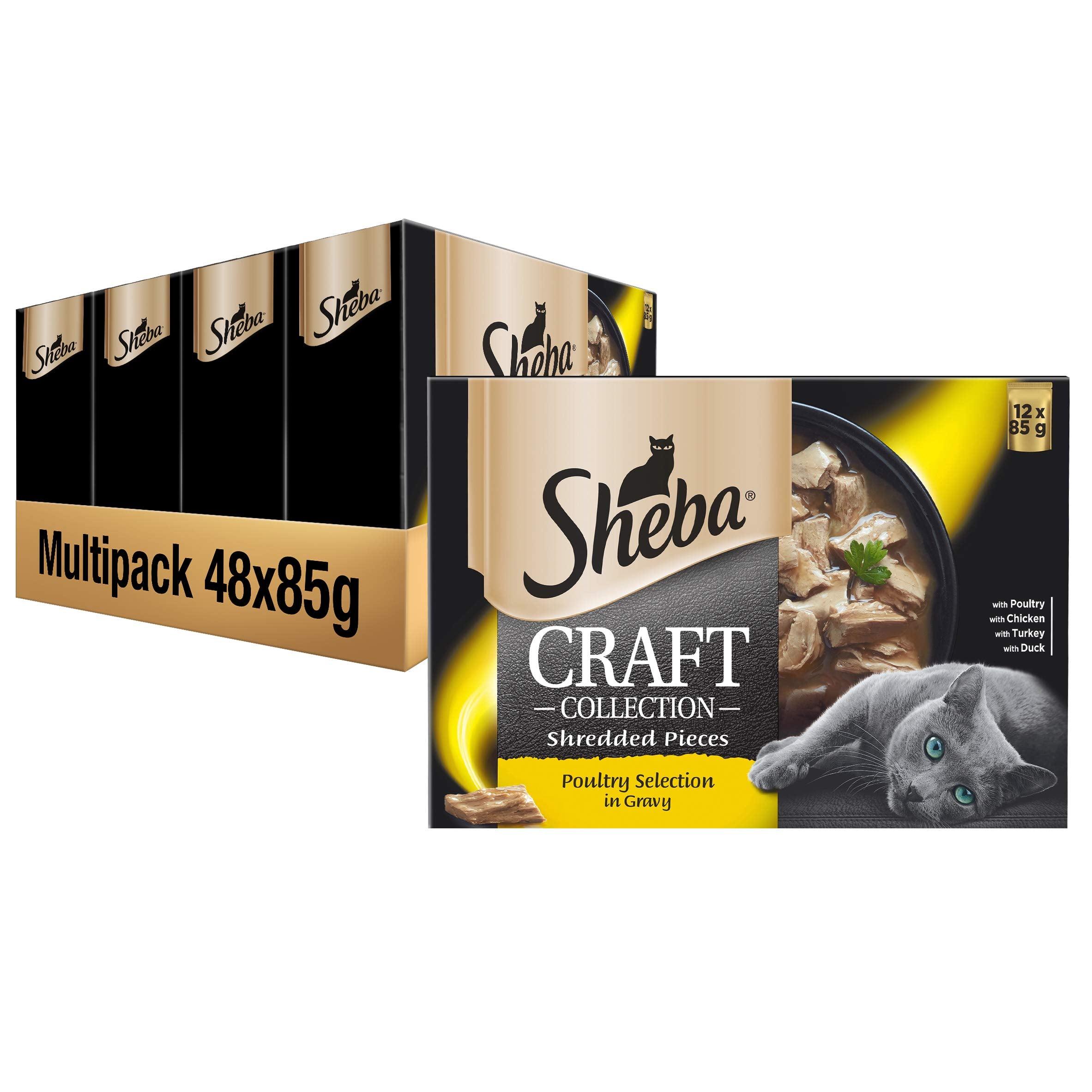 Sheba Craft Collection – Poultry Selection in Gravy – Wet Cat Food Pouches for Adult Cats – 48 x 85 g Pack