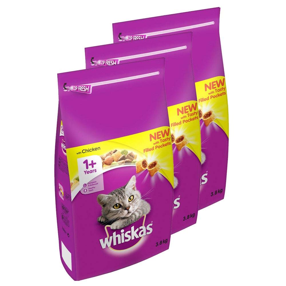 whiskas 1+ Dry Cat Food for Adult Cats with Chicken, 3 Bags (3 x 3.8 kg)